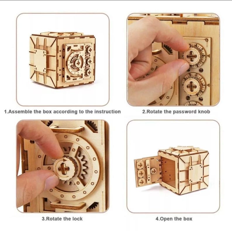 May include: A wooden model of a safe with a combination lock and a door that opens. The safe is made of light brown wood and has a realistic design. The instructions for assembling and opening the safe are shown in the image.