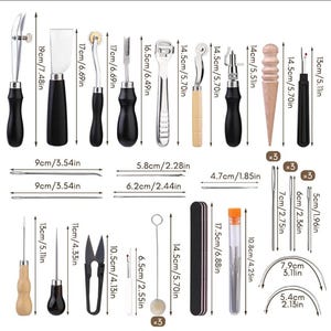 May include: Leather craft tools set with various tools for stitching, cutting, and shaping leather. Includes awls, needles, thread, a stitching pony, a seam roller, a leather skiver, a hole punch, and a stitching groover.