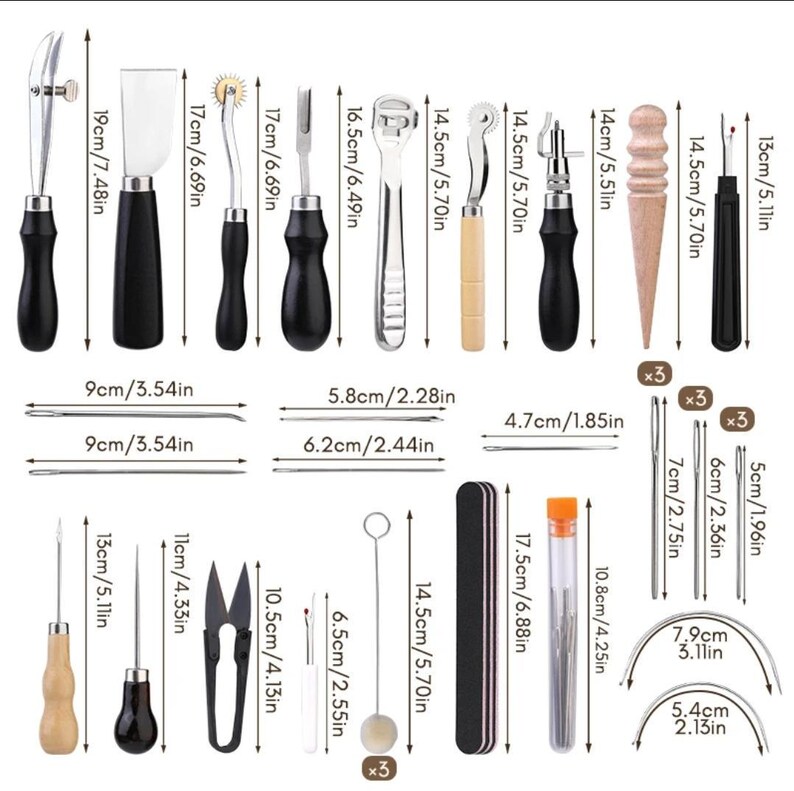 May include: Leather craft tools set with various tools for stitching, cutting, and shaping leather. Includes awls, needles, thread, a stitching pony, a seam roller, a leather skiver, a hole punch, and a stitching groover.