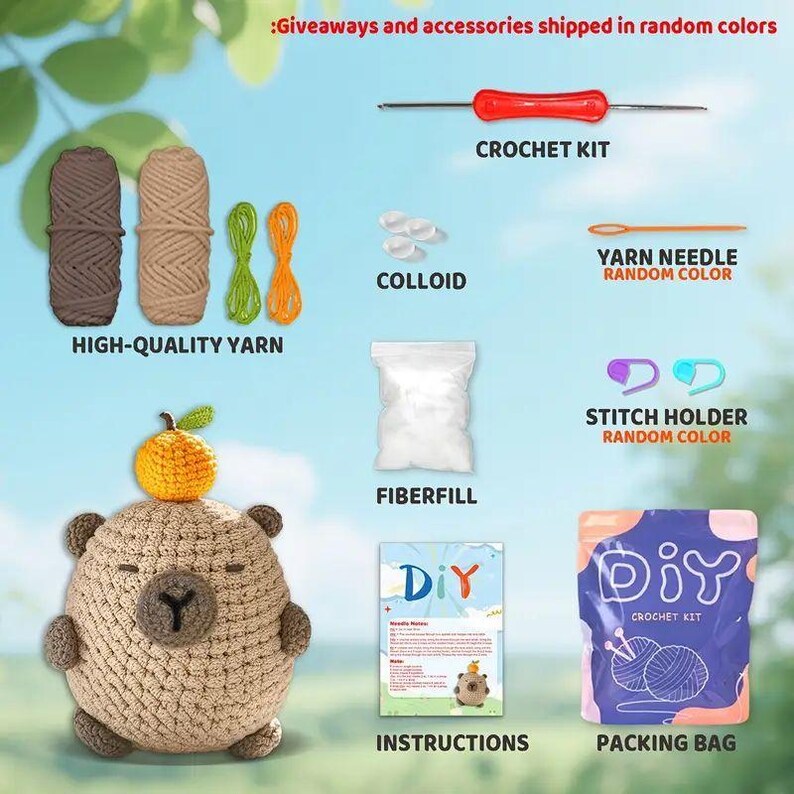 May include: A crochet kit with various supplies, including high-quality yarn, fiberfill, a crochet kit, yarn needle, stitch holders, and instructions. The kit includes a crochet bear with an orange on its head. The text on the packing bag says "DIY Crochet Kit".