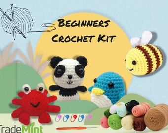 DIY Crochet Kit: Beginner Craft Set - Crab, Panda, Penguin, Bee