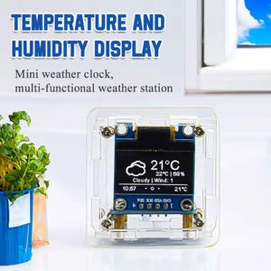 May include: A clear, square-shaped weather station displaying 21&deg;C, 68% humidity, and cloudy conditions on a black screen. The text "TEMPERATURE AND HUMIDITY DISPLAY" is at the top. It is a mini weather clock.