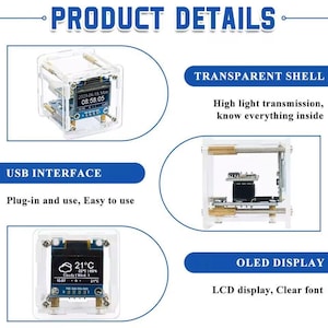 May include: Image of a transparent shell electronic device with an OLED display. The device shows the date, time, and weather information. The text on the image says "USB INTERFACE Plug-in and use, Easy to use."