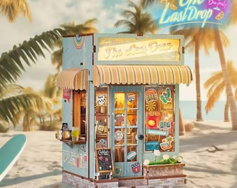 Beach Bar Book Nook Kit | DIY Wooden Bookshelf Insert with Lights, Summer Tropical Miniature 3D Puzzle Craft for Adults