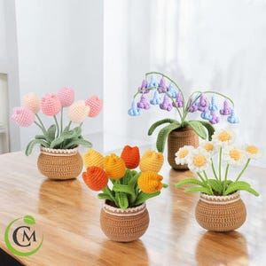 Kit fai da te per fiori all'uncinetto - Filato per principianti / Set all'uncinetto con tulipani, margherite e campanule / Decorazione floreale per la casa fatta a mano