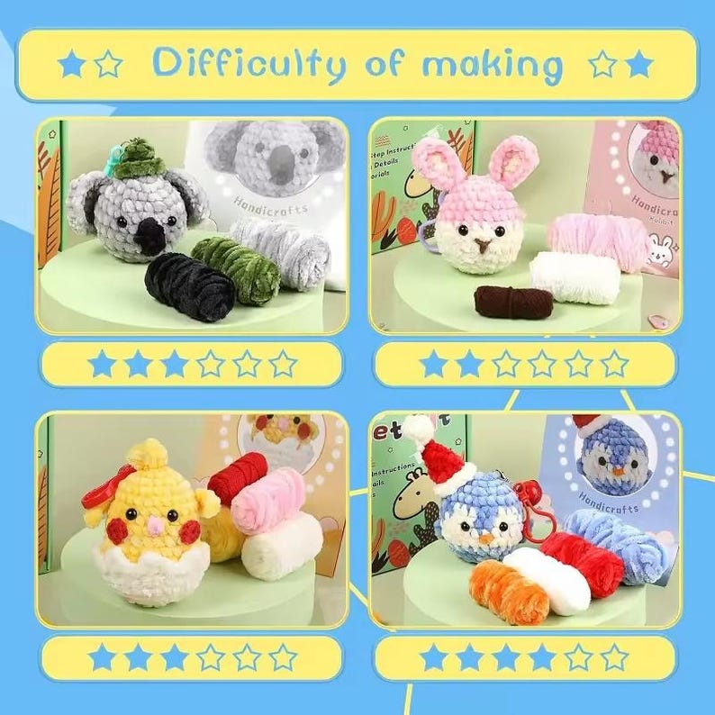 May include: Four different crochet kits with varying difficulty levels. Each kit includes yarn, stuffing, and a pattern. The kits feature a koala, a bunny, a chick, and a penguin.