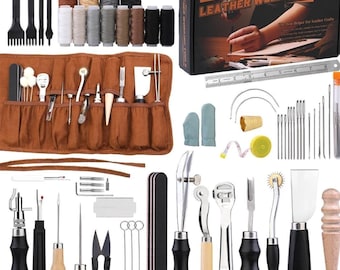Professional leather craft tool kit - hand sewing repair set with wax thread, stitching punch, carving tools, and groover for diy projects