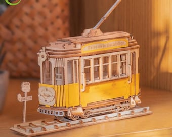 Rolife Tramcar 3D Wooden Puzzle Kit - Retro Street Tram Model, 145-Piece DIY Vehicle, Vintage Decor & Craft Gift for Adults
