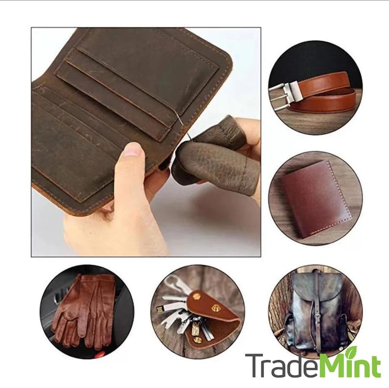 Peut inclure: Un ensemble de maroquinerie comprenant un portefeuille, une ceinture, un porte-cl&eacute;s, des gants et un sac &agrave; dos. Les articles sont tous en cuir brun et ont un aspect rustique.