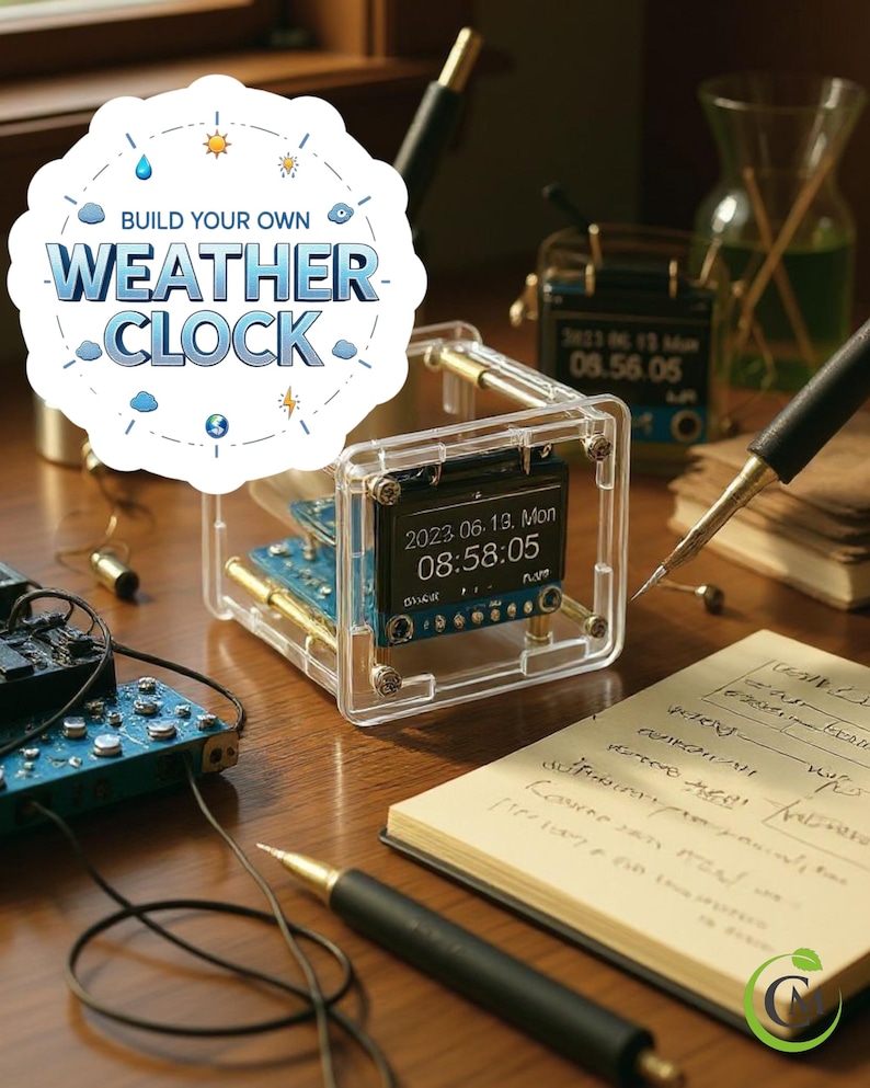 May include: A transparent, cube-shaped weather clock with a digital display showing the date and time. The text "BUILD YOUR OWN WEATHER CLOCK" is displayed above the clock. The clock is surrounded by pens, a notebook, and other electronic components.