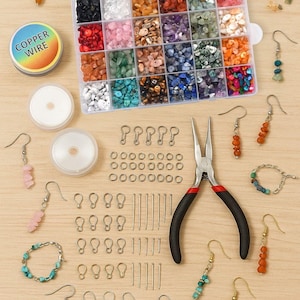 24 Farbe Edelstein Chip Perlen Kit - Schmuckherstellung Set mit Furnituren & Werkzeuge