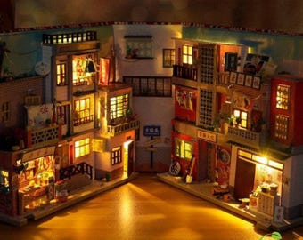 Retro Chinese Street DIY Holzbuch Nook Kit | Miniatur Bücherregal Einsatz & handgemachte Wohndekor