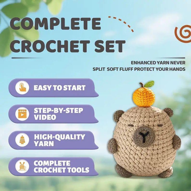 May include: A complete crochet set with text that reads "COMPLETE CROCHET SET". The image shows a crocheted bear with an orange on its head. The set includes easy-to-start instructions, step-by-step video, high-quality yarn, and complete crochet tools.