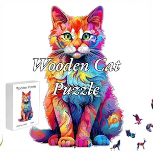 May include: A colourful wooden cat puzzle with a vibrant, abstract design. The puzzle pieces are scattered around the main image of the cat. The text "Wooden Cat Puzzle" is written in large, bold letters above the cat.