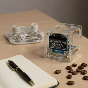 May include: A clear, cube-shaped electronic device with a digital display showing the date and time. A black pen rests on an open notebook. Coffee beans are scattered nearby. A clear tray with two small cups is in the background.