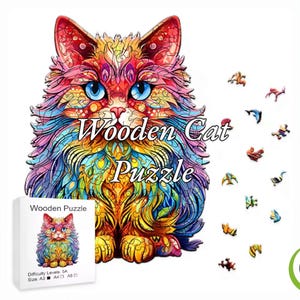 May include: A colourful wooden cat jigsaw puzzle with a box showing the completed puzzle. The cat is sitting with its paws tucked under its body. The puzzle is made of many small pieces and is a challenging jigsaw for adults.