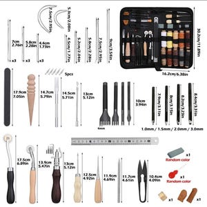 May include: Leather craft tool kit with a variety of tools, needles, awls, punches, and thread. The kit includes a ruler, a stitching pony, and a variety of other tools. The kit is organized in a black carrying case with a zipper closure. The kit is labeled with measurements in inches and centimeters.