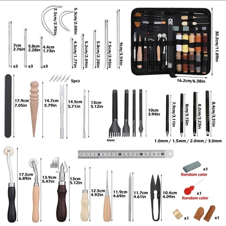 May include: Leather craft tool kit with a variety of tools, needles, awls, punches, and thread. The kit includes a ruler, a stitching pony, and a variety of other tools. The kit is organized in a black carrying case with a zipper closure. The kit is labeled with measurements in inches and centimeters.