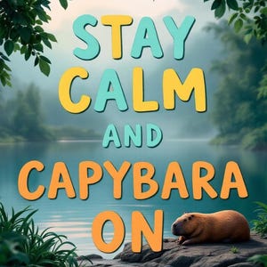 May include: A digital art image with the text "STAY CALM AND CAPYBARA ON" in colorful letters. A brown capybara rests on a rock near a lake. Green foliage frames the top and bottom of the image.