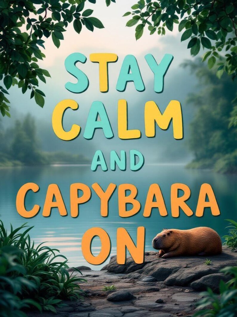 May include: A digital art image with the text "STAY CALM AND CAPYBARA ON" in colorful letters. A brown capybara rests on a rock near a lake. Green foliage frames the top and bottom of the image.