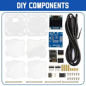 May include: A selection of DIY components, featuring white plastic cases, a small screen, circuit boards, and various electronic parts. The image includes the text "DIY COMPONENTS".