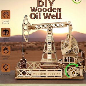 Pode incluir: Quebra-cabeça de poço de petróleo de madeira DIY com o texto "DIY Wooden Oil Well". O modelo é feito de madeira marrom clara e apresenta engrenagens, um braço de bomba e uma base. A imagem também inclui ícones para pensamento lógico, cognição espacial, habilidade prática e criatividade.