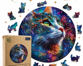 Cat Constellation Wooden Puzzle: Whimsy Cat Shapes, Wall Art Jigsaw