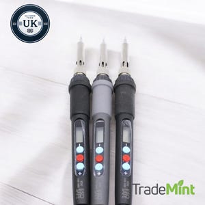 May include: Three black and gray soldering irons with digital temperature displays and red and blue buttons. The soldering irons are labeled "ESD Safe".