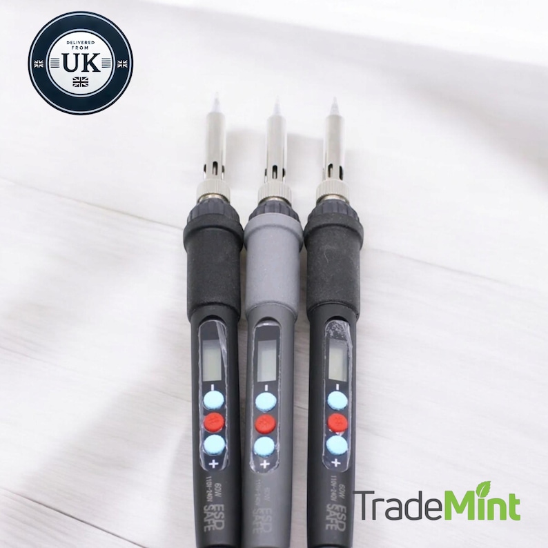 May include: Three black and gray soldering irons with digital temperature displays and red and blue buttons. The soldering irons are labeled "ESD Safe".