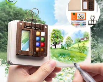 Mini Travel Watercolor Palette - 8 Grid Wooden Paint Box with Brush, Sketchbook & Clip | Portable Pocket Art Set for Artists