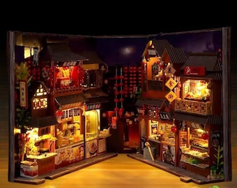 Retro Chinesisches Essen Straße DIY Holz Buch Nook Kit | Miniatur Bücherregal Einsatz & handgemachte Wohndekor