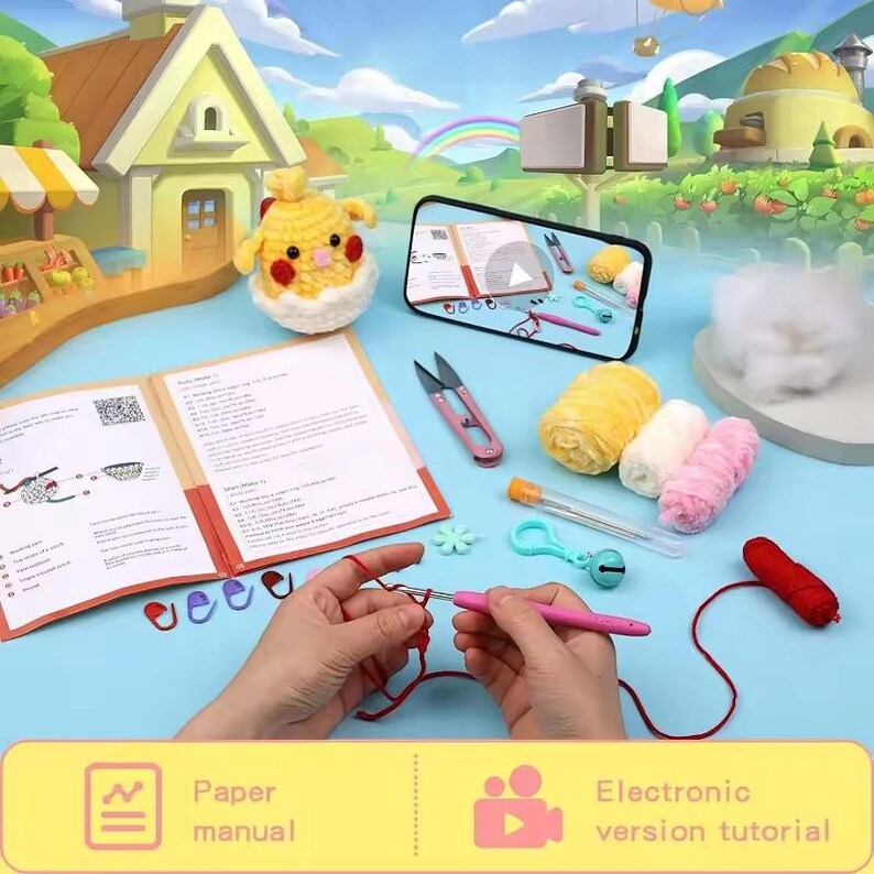 May include: A crochet kit with a yellow chick amigurumi pattern. The kit includes yarn, crochet hooks, stitch markers, a needle, and a bell. The kit also includes a paper manual and an electronic tutorial.