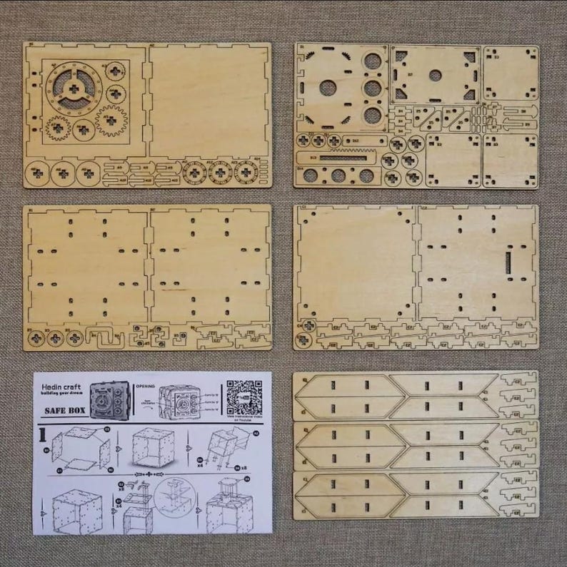 May include: A wooden safe box kit with instructions and laser-cut pieces. The kit includes a safe box, a lock, and a key. The safe box is made of wood and has a metal lock. The kit is designed to be assembled by hand.