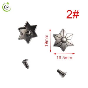 K&ouml;nnte beinhalten: Metallische sternf&ouml;rmige Nieten, 19 mm hoch und 16,5 mm breit, mit einem zentralen Stift zur Befestigung. Das Bild zeigt zwei Nieten und zwei Stifte, mit dem Text "2#" oben rechts.