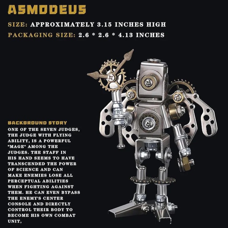 May include: A silver-colored steampunk robot figure with brass gears and a clock-like element. The figure is approximately 3.15 inches high. The text "ASMODEUS" is at the top. The packaging size is 2.6 * 2.6 * 4.13 inches.