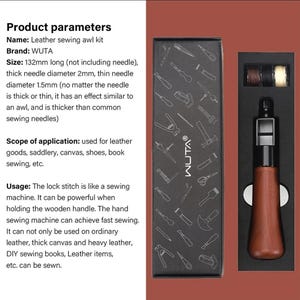 May include: A leather sewing awl kit with a wooden handle and a black metal needle. The kit comes in a black box with a white WUTA logo and a pattern of various tools. The kit is used for leather goods, saddlery, canvas, shoes, book sewing, etc.