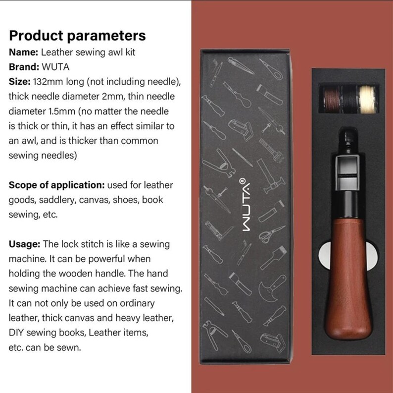 May include: A leather sewing awl kit with a wooden handle and a black metal needle. The kit comes in a black box with a white WUTA logo and a pattern of various tools. The kit is used for leather goods, saddlery, canvas, shoes, book sewing, etc.