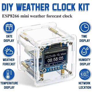 May include: DIY Weather Clock Kit with ESP8266 mini weather forecast clock. The clear, cube-shaped device displays date, time, weather forecast, temperature, humidity, and network location. The screen shows the date and time.