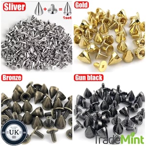 Könnte beinhalten: Sortiment aus Metall-Pyramidennieten in Silber, Gold, Bronze und Schwarz. Die Nieten haben eine Schraubbasis und werden in Sets zu je einem verkauft.