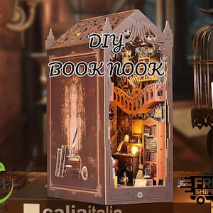 DIY Book Nook Kit - Magische Bibliothek Miniatur Bücherregal Einsatz mit LED-Licht | Hölzerne 3D Puzzle Buchstützen Dekor für Geschenke & Haus