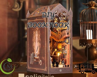 DIY-boekenhoekset: miniatuur boekenplank magische bibliotheek met led-verlichting | Houten 3D-puzzel boekensteun decor voor cadeaus en thuis