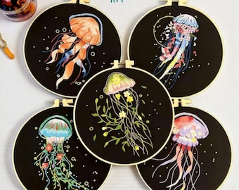 Embroidery Kit Jellyfish Patterns for Beginners | DIY Needlepoint Cross Stitch Starter Set | Handmade Ocean Decor Craft Gift