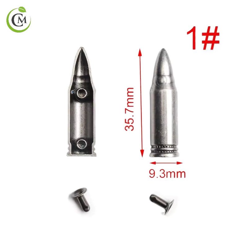 K&ouml;nnte beinhalten: Silberfarbene, kugelf&ouml;rmige Metallnieten. Die Nieten sind 3,57 cm lang und 0,93 cm breit. Das Bild zeigt auch eine Seitenansicht der Niete und zwei kleinere Nieten.