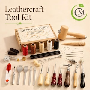 May include: A leathercraft tool kit featuring a cardboard box labelled Craft Lovers, a wooden mallet, spools of red, brown, beige, white, and black thread, needles, a measuring tape, awls, stitching chisels, and various metal leatherworking tools.