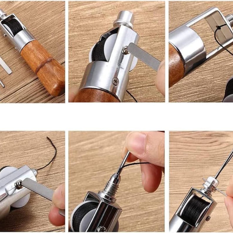 Puede incluir: Una lezna de costura de cuero con mango de madera y metal plateado. La lezna se utiliza para coser cuero. El hilo negro est&aacute; enrollado alrededor de una peque&ntilde;a bobina. La lezna es una herramienta de costura.