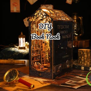 DIY Book Nook Kit - Miniature Wooden Bookend with LED Lights | Handmade Bookshelf Insert & Unique Gift