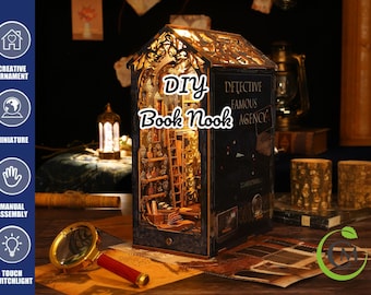 DIY Book Nook Kit - Miniature Wooden Bookend with LED Lights | Handmade Bookshelf Insert & Unique Gift