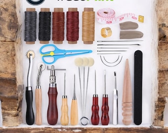 30-piece leather tools kit | waxed threads, needles, awls, groover and accessories for diy leather crafting and repairs