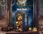 3D DIY Book Nook Kit - LED Wooden Miniature Puzzle Bookshelf Insert | Glowing Magic Market Dollhouse Decor for Creative Gift & Home Office