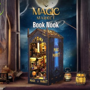3D DIY Book Nook Kit - LED Wooden Miniature Puzzle Bookshelf Insert | Glowing Magic Market Dollhouse Decor for Creative Gift & Home Office